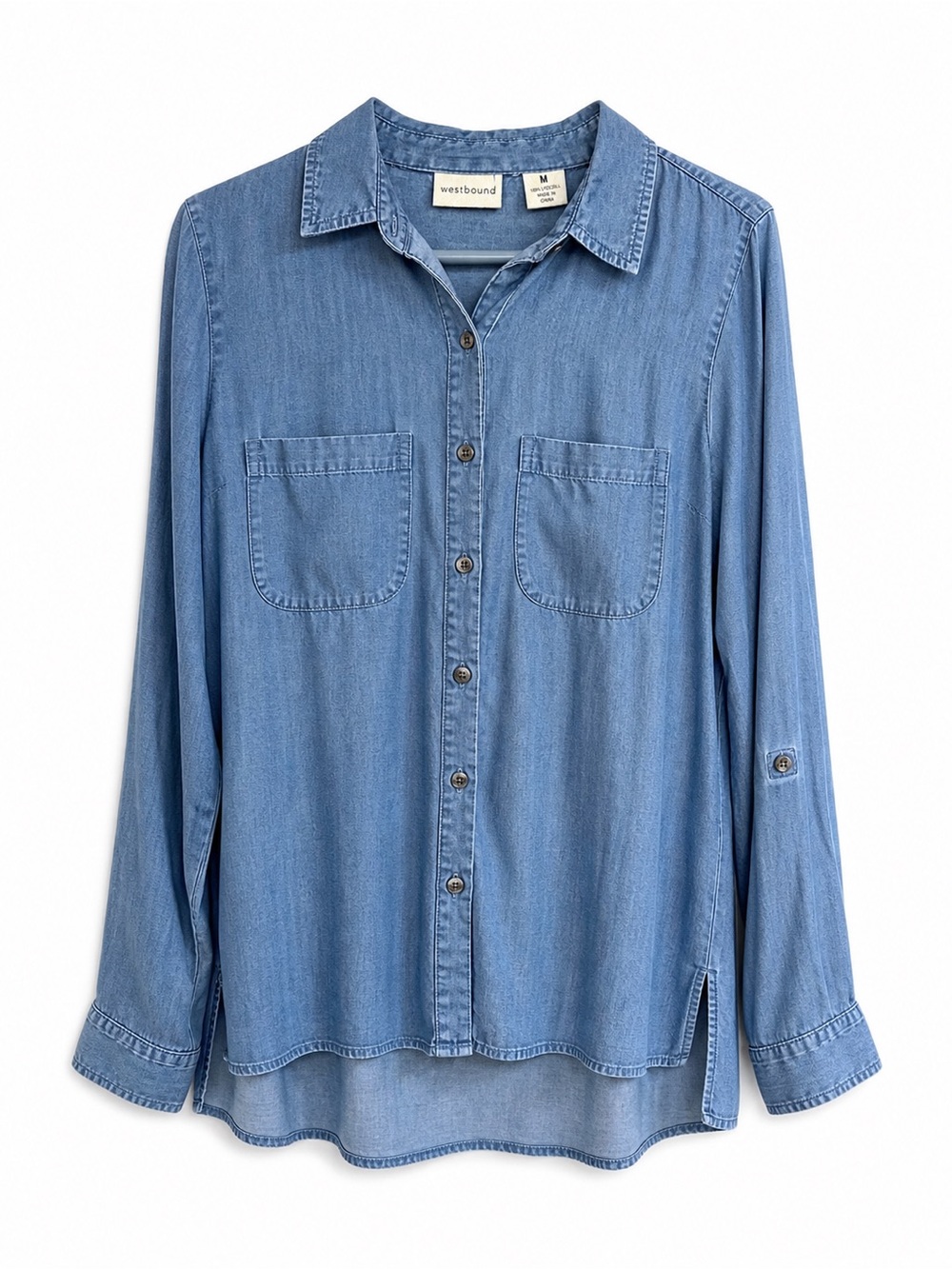 Westbound Women Chambray Button Down Shirt Roll Tab Blue Size Medium